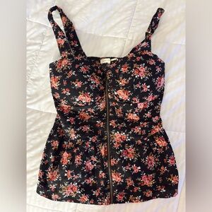 Floral Black and Pink Zippered Top